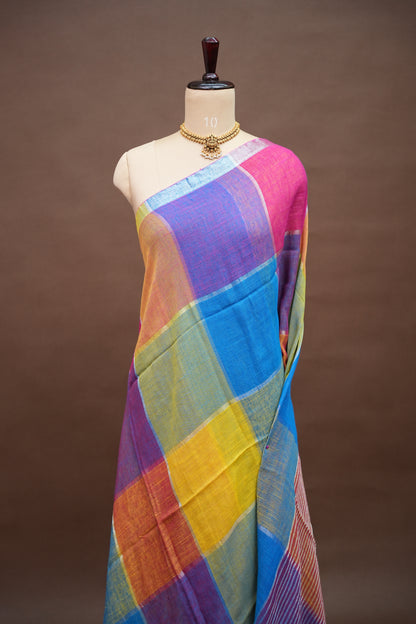 Multicolour Checked Linen Cotton Saree with Silver Zari Border