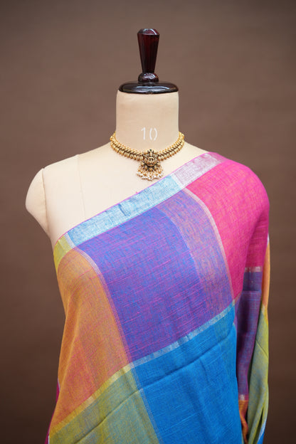 Multicolour Checked Linen Cotton Saree with Silver Zari Border