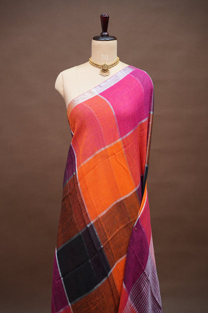 Premium Linen Silk Saree – Vibrant Colour Block Checks with Silver Zari Border