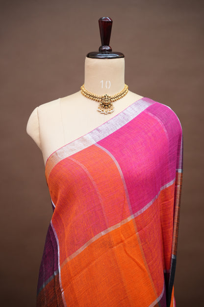 Premium Linen Silk Saree – Vibrant Colour Block Checks with Silver Zari Border