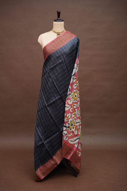 Premium Hand-Painted Tussar Silk Saree – Rich Dark Grey with Floral Kalamkari Pallu & Blouse