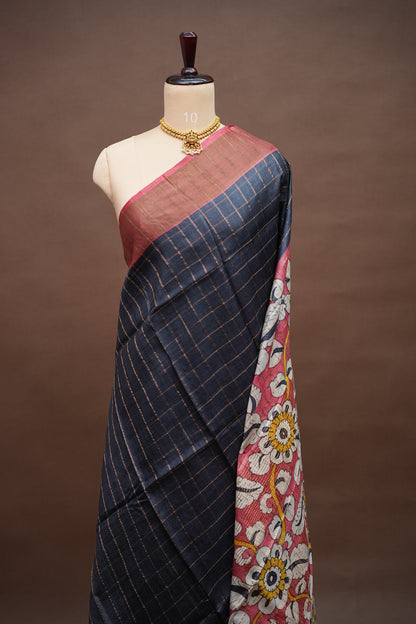 Premium Hand-Painted Tussar Silk Saree – Rich Dark Grey with Floral Kalamkari Pallu & Blouse