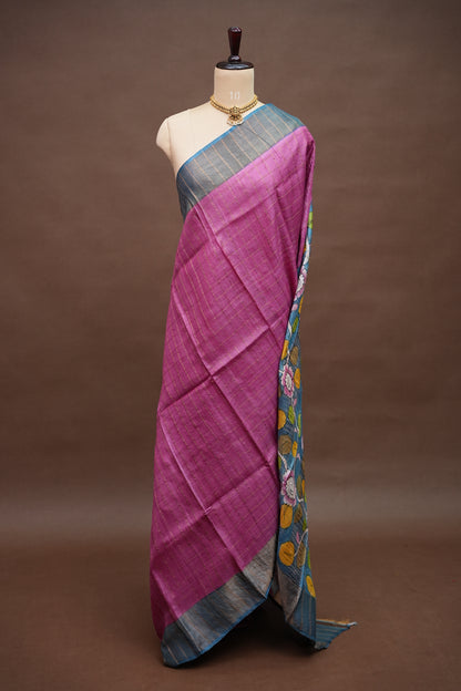 Premium Hand-Painted Tussar Silk Saree – Magenta Pink with Artistic Floral Pallu