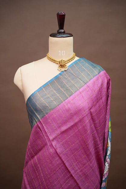 Premium Hand-Painted Tussar Silk Saree – Magenta Pink with Artistic Floral Pallu