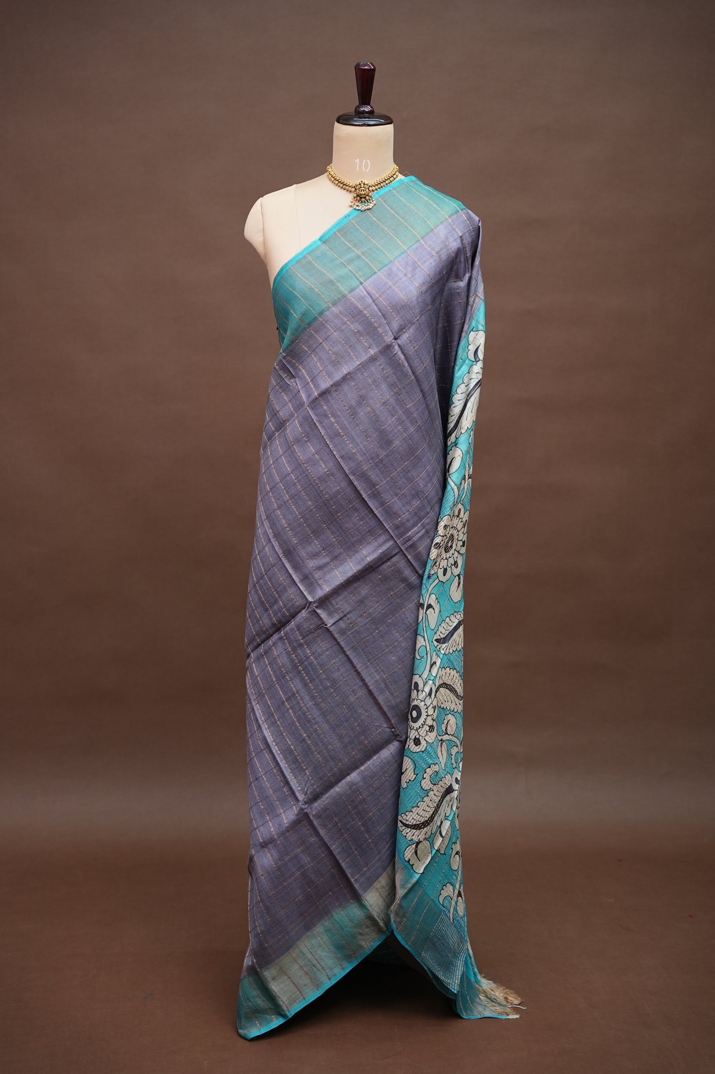 Premium Hand-Painted Tussar Silk Saree – Steel Grey with Aqua Blue Floral Pallu