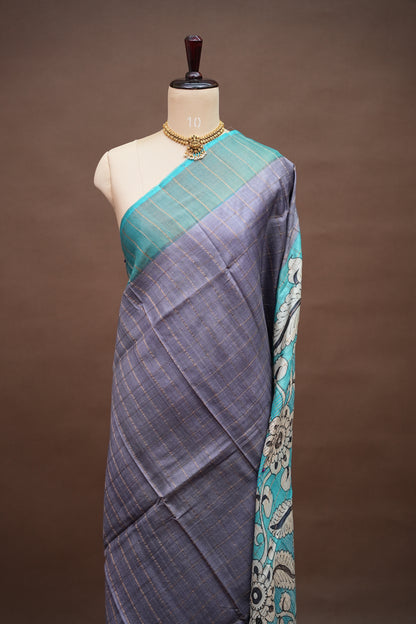 Premium Hand-Painted Tussar Silk Saree – Steel Grey with Aqua Blue Floral Pallu