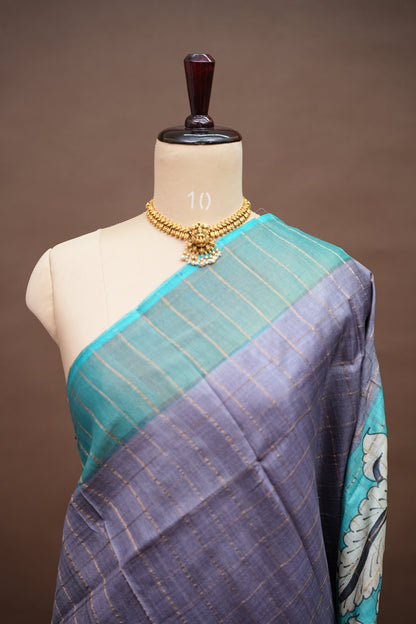 Premium Hand-Painted Tussar Silk Saree – Steel Grey with Aqua Blue Floral Pallu