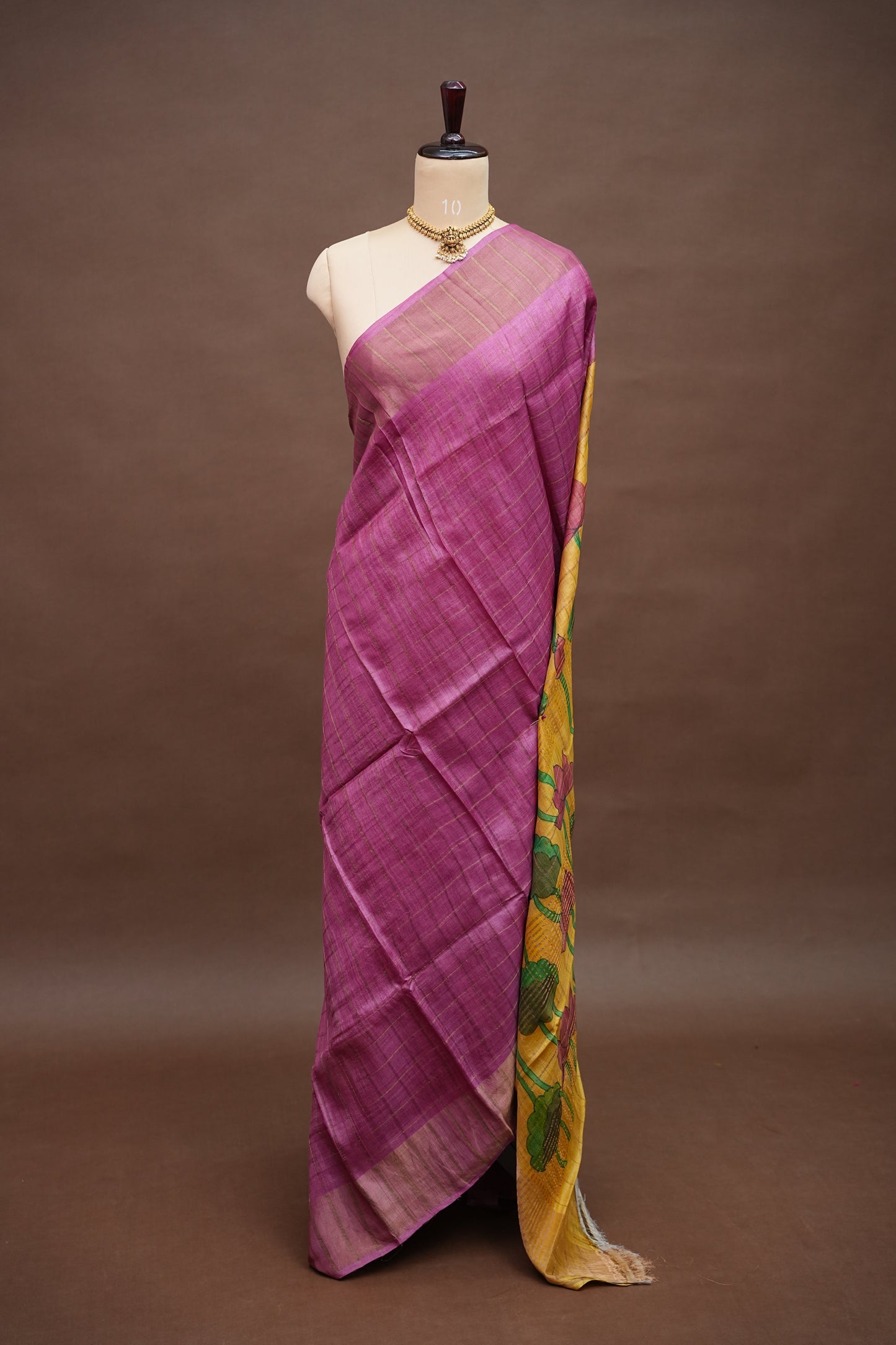 Premium Hand-Painted Tussar Silk Saree – Magenta with Mustard Yellow Lotus Pallu