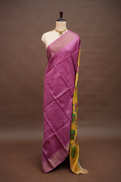 Premium Hand-Painted Tussar Silk Saree – Magenta with Mustard Yellow Lotus Pallu