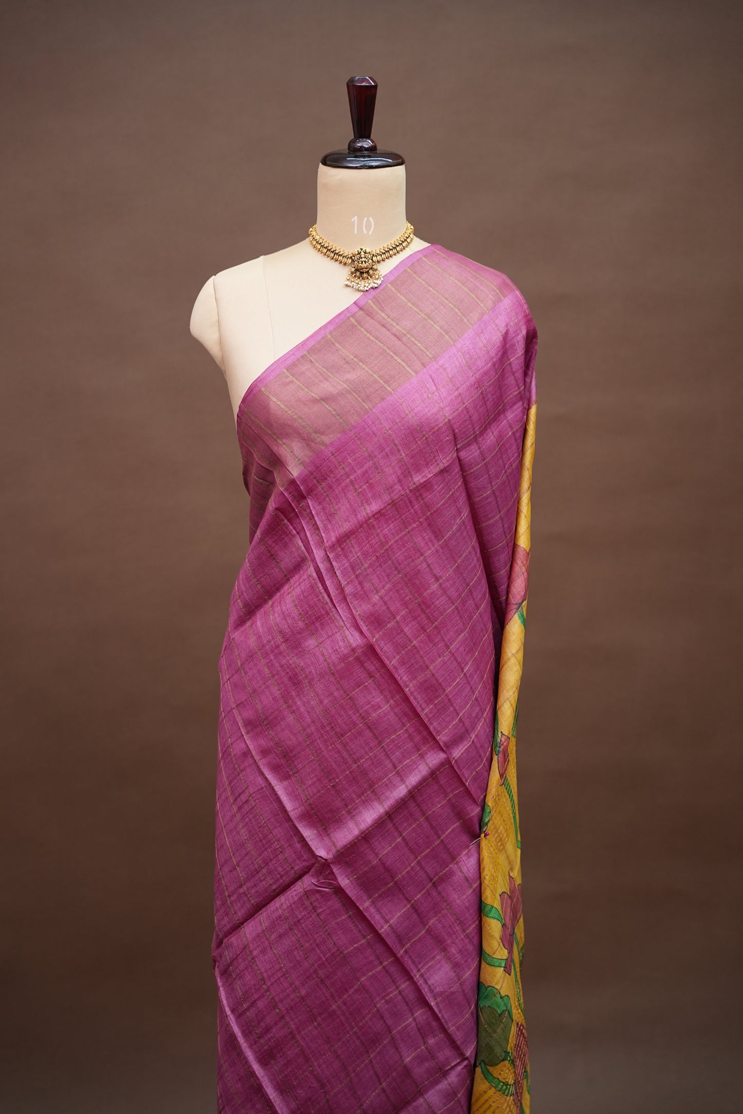 Premium Hand-Painted Tussar Silk Saree – Magenta with Mustard Yellow Lotus Pallu