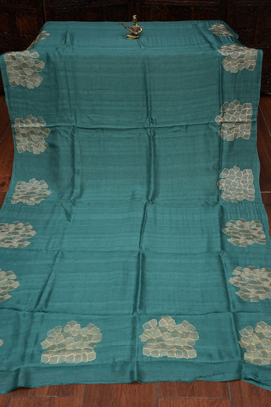 Tussar Banarasi Raw Silk Saree with Floral Zari Butta Weaving – Sea Green