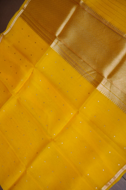 Sunshine Yellow Pure Organza Kora Banarasi Silk Saree|Silk Mark Certified