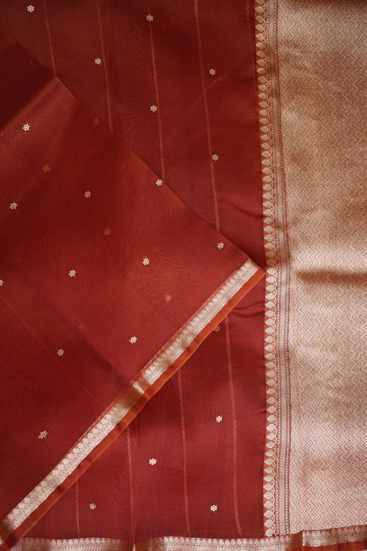 Rust Orange Pure Organza Kora Banarasi Silk Saree|Silk Mark Certified