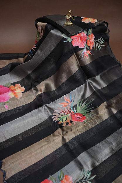 Pure Tissue Organza Silk Saree with Digital Floral Print-Black with Champagne Gold & Silver Tissue Stripes