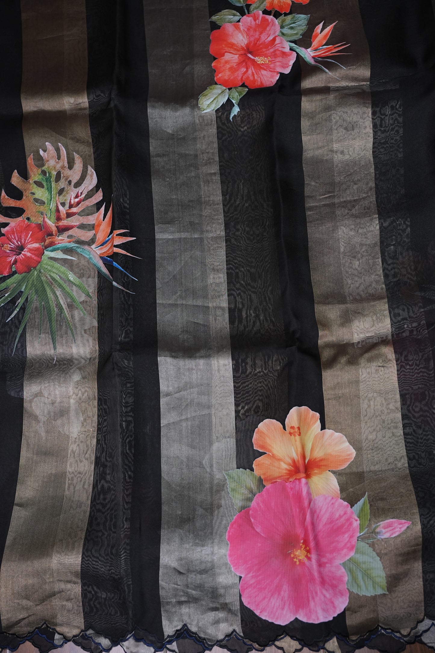 Pure Tissue Organza Silk Saree with Digital Floral Print-Black with Champagne Gold & Silver Tissue Stripes