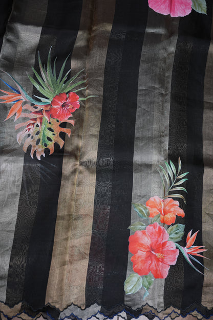 Pure Tissue Organza Silk Saree with Digital Floral Print-Black with Champagne Gold & Silver Tissue Stripes