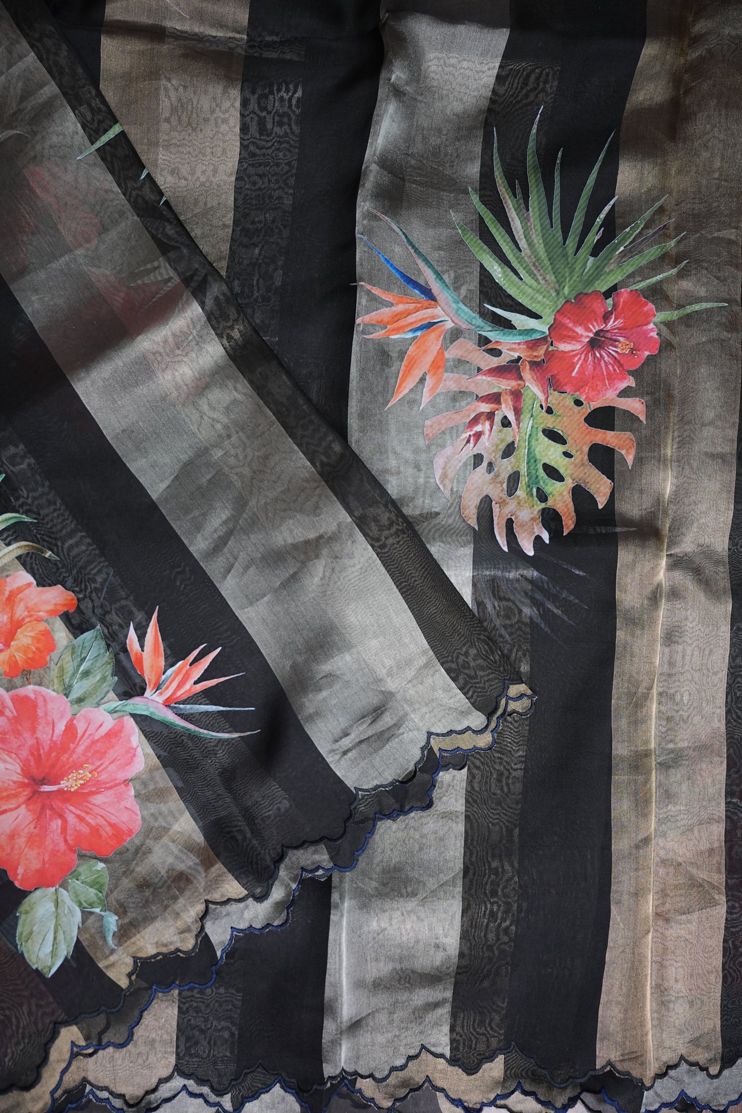 Pure Tissue Organza Silk Saree with Digital Floral Print-Black with Champagne Gold & Silver Tissue Stripes