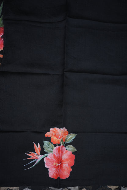Pure Tissue Organza Silk Saree with Digital Floral Print-Black with Champagne Gold & Silver Tissue Stripes