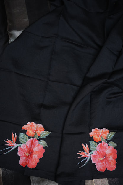 Pure Tissue Organza Silk Saree with Digital Floral Print-Black with Champagne Gold & Silver Tissue Stripes