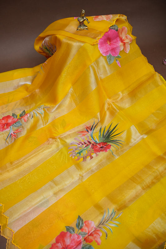 Pure Tissue Organza Silk Saree with Digital Floral Print-Sunshine Yellow