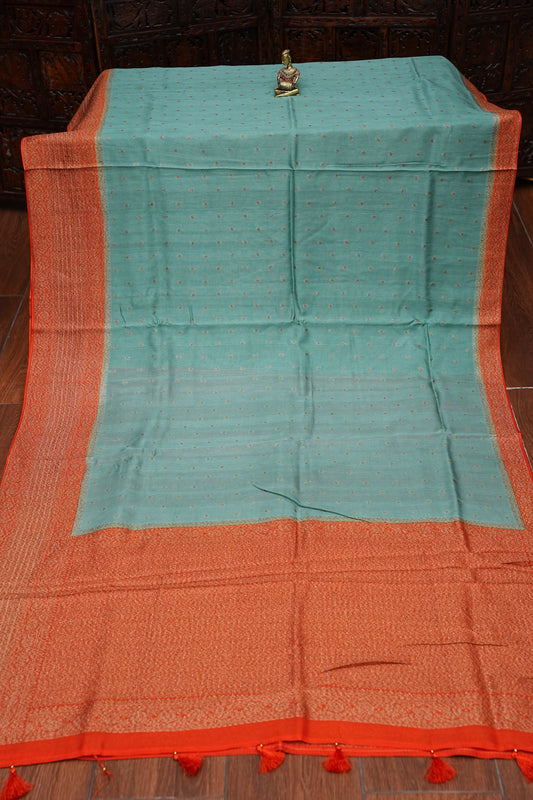 Tussar Banarasi Raw Silk Saree – Sea Green & Orange with Zari Border