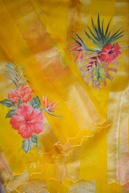 Pure Tissue Organza Silk Saree with Digital Floral Print-Sunshine Yellow