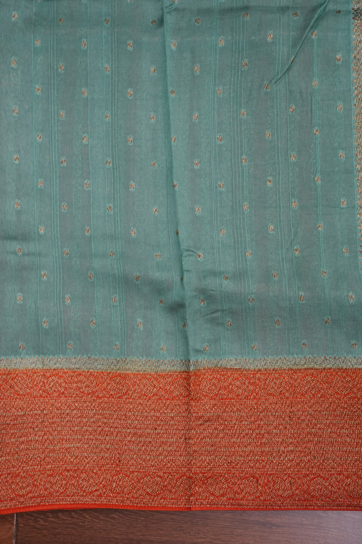 Tussar Banarasi Raw Silk Saree – Sea Green & Orange with Zari Border