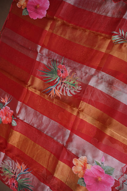 Pure Tissue Organza T Silk Saree with Digital Floral Print - Vermillion Red