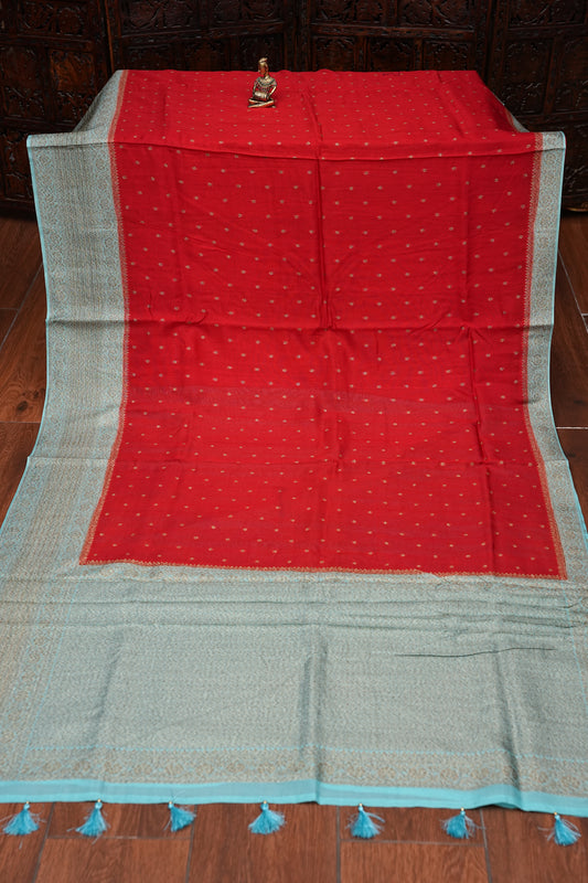 Tussar Banarasi Raw Silk Saree – Red & Sea Green with Zari Border