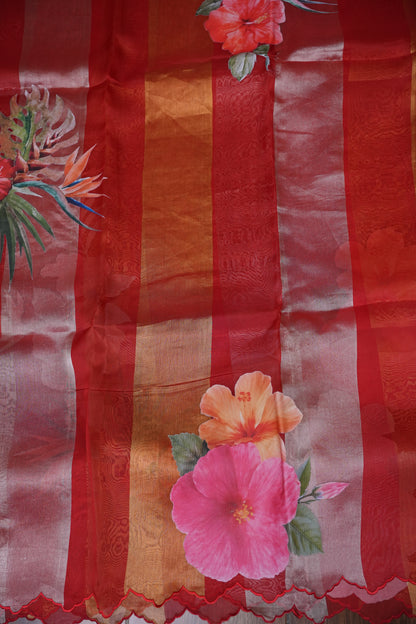 Pure Tissue Organza T Silk Saree with Digital Floral Print - Vermillion Red