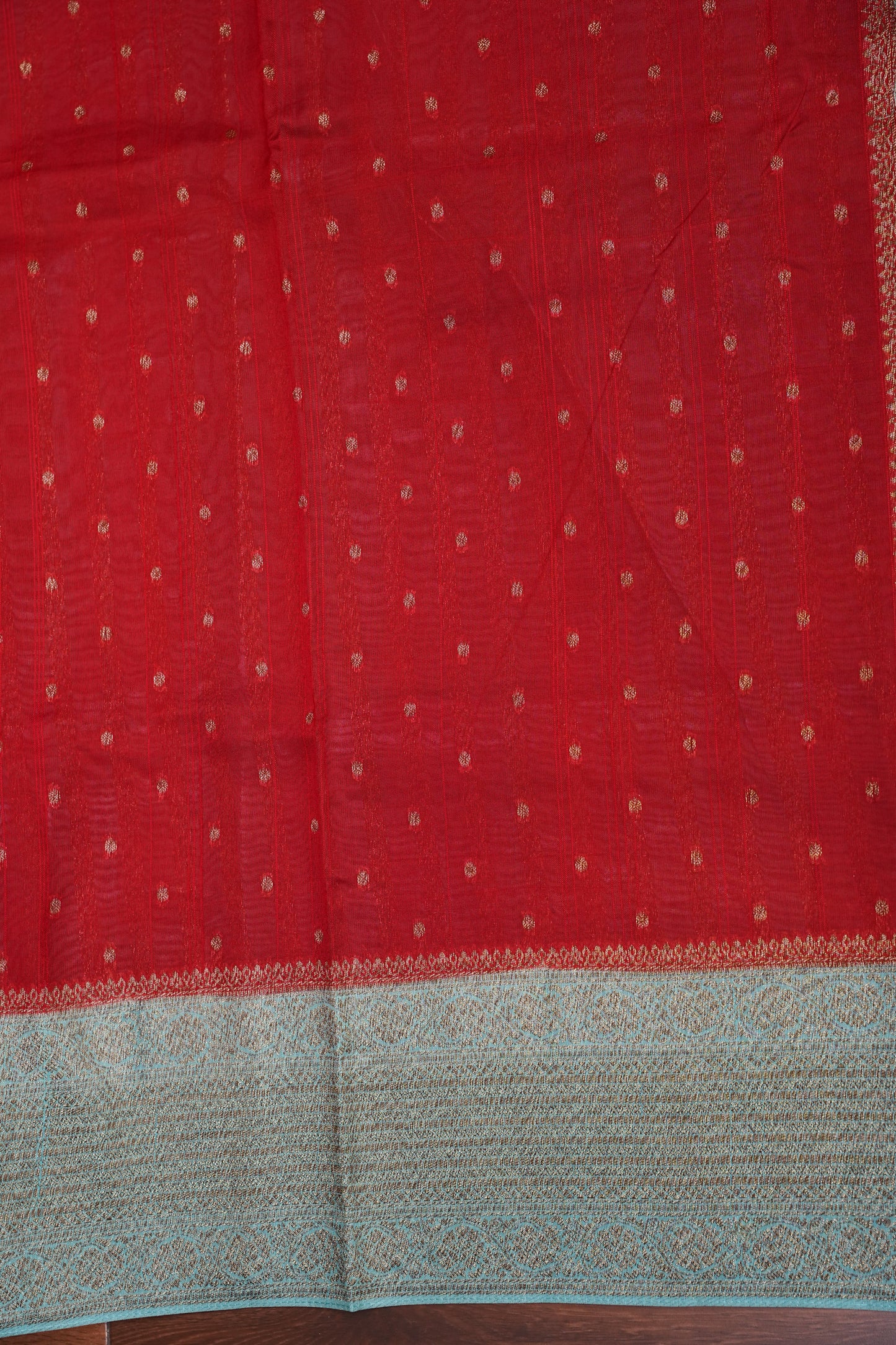Tussar Banarasi Raw Silk Saree – Red & Sea Green with Zari Border