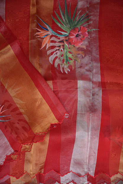 Pure Tissue Organza T Silk Saree with Digital Floral Print - Vermillion Red