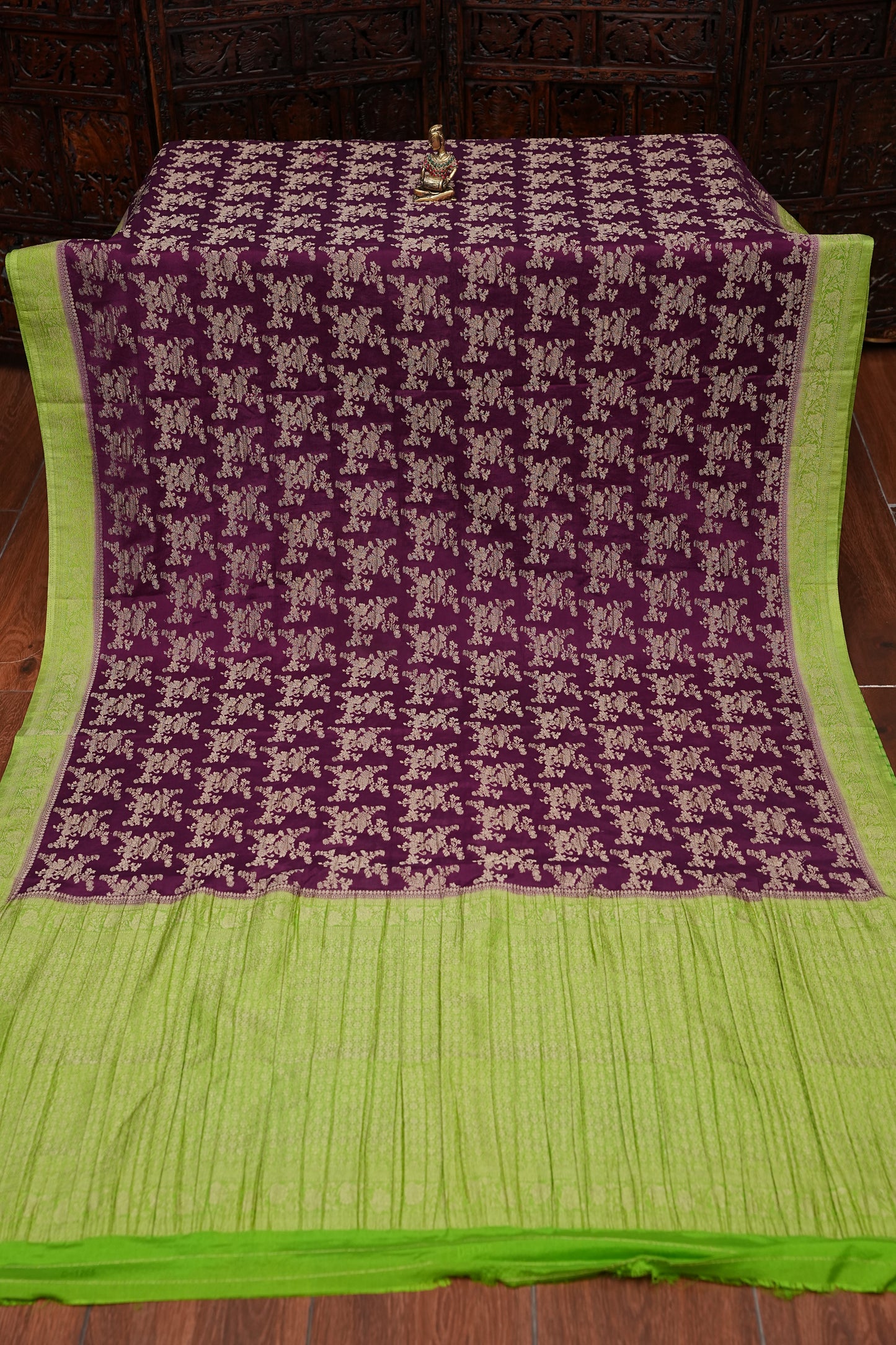 Georgette Silk Banarasi Saree - Wine & Lime Green