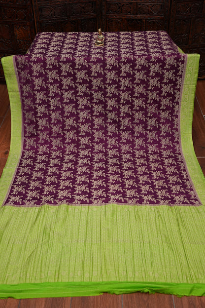 Georgette Silk Banarasi Saree - Wine & Lime Green