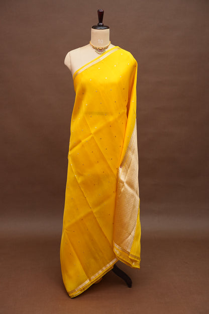 Sunshine Yellow Pure Organza Kora Banarasi Silk Saree|Silk Mark Certified