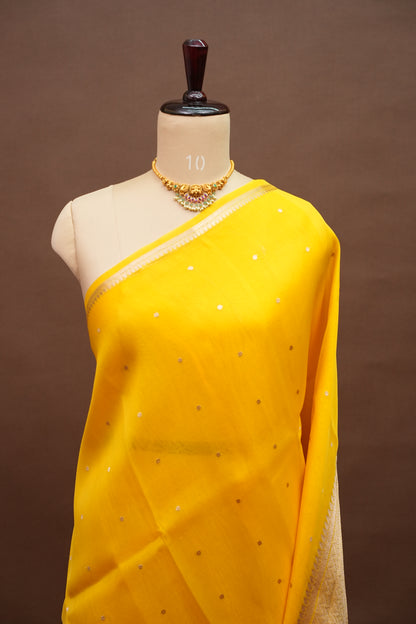 Sunshine Yellow Pure Organza Kora Banarasi Silk Saree|Silk Mark Certified