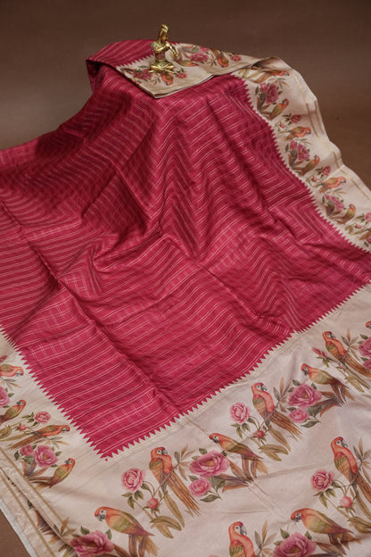 Rose Pink Semi Raw Silk Saree with Ivory Digital Printed Floral & Parrot Border
