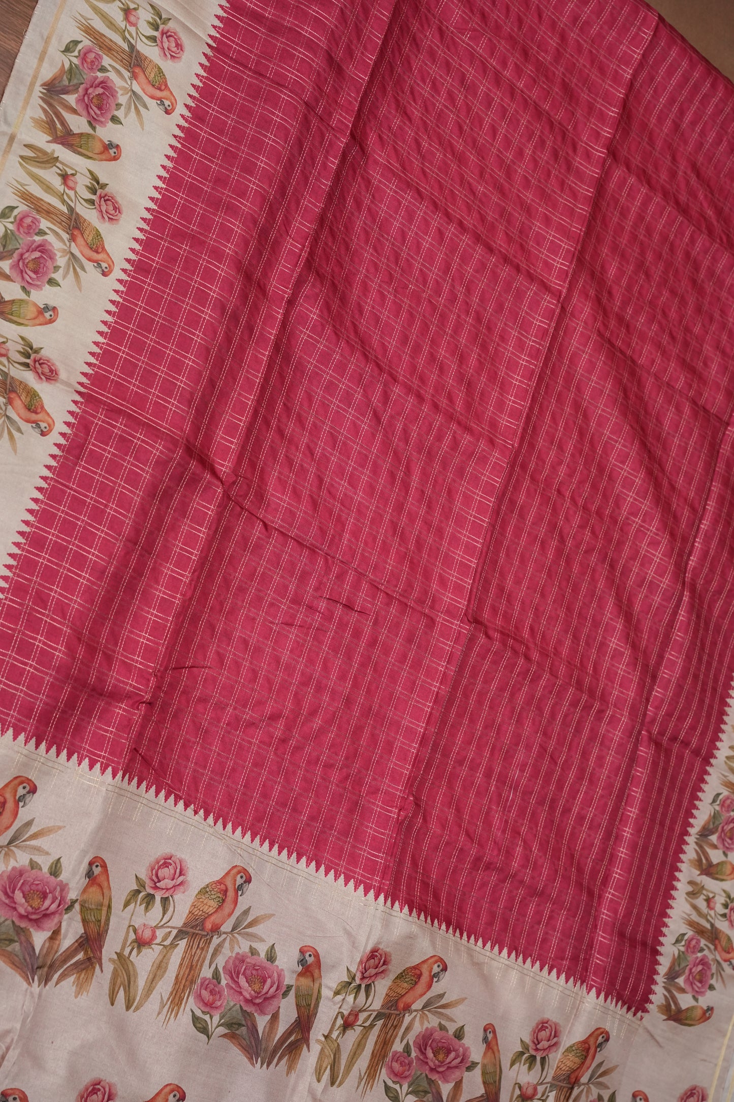 Rose Pink Semi Raw Silk Saree with Ivory Digital Printed Floral & Parrot Border