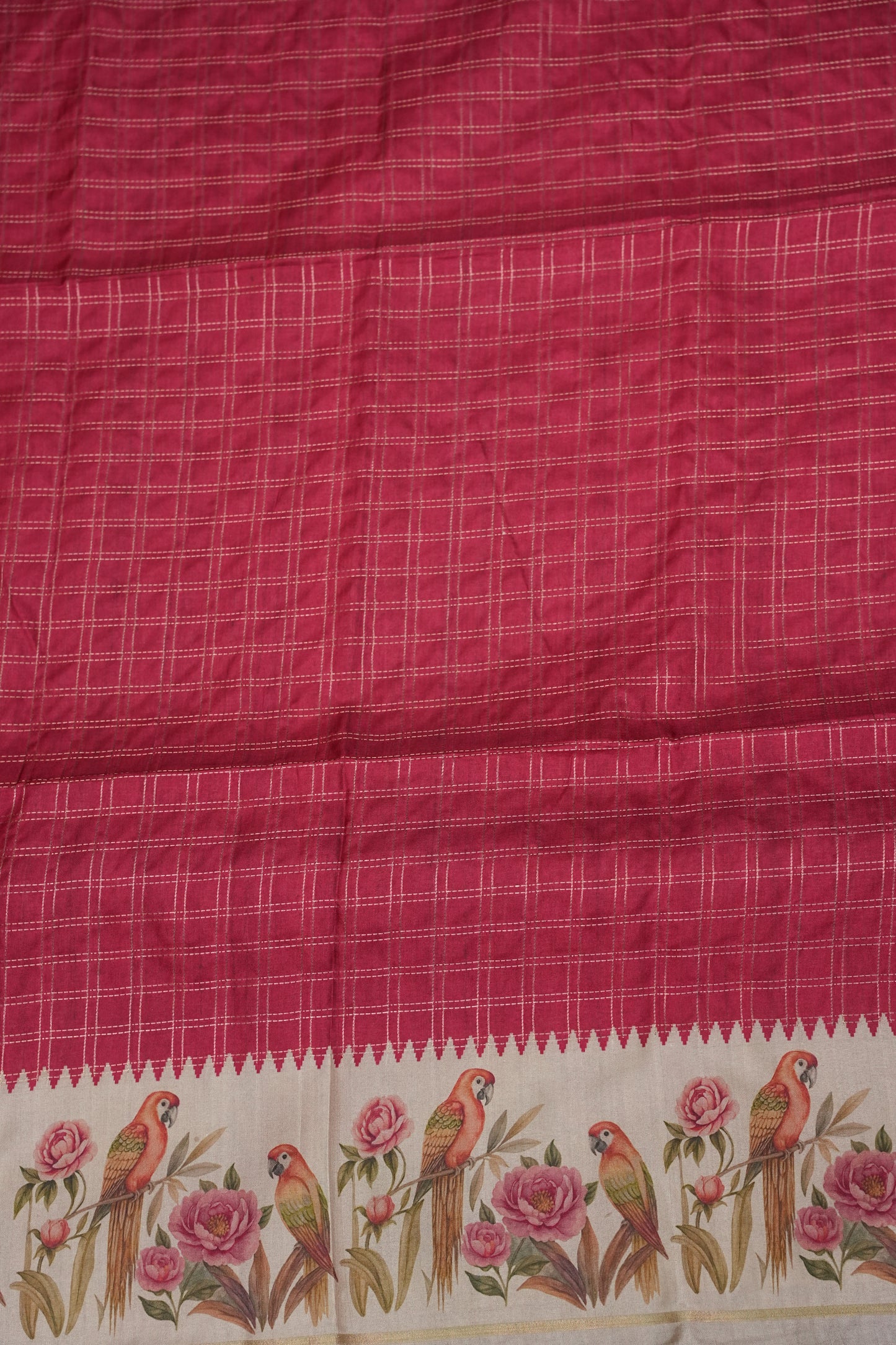 Rose Pink Semi Raw Silk Saree with Ivory Digital Printed Floral & Parrot Border