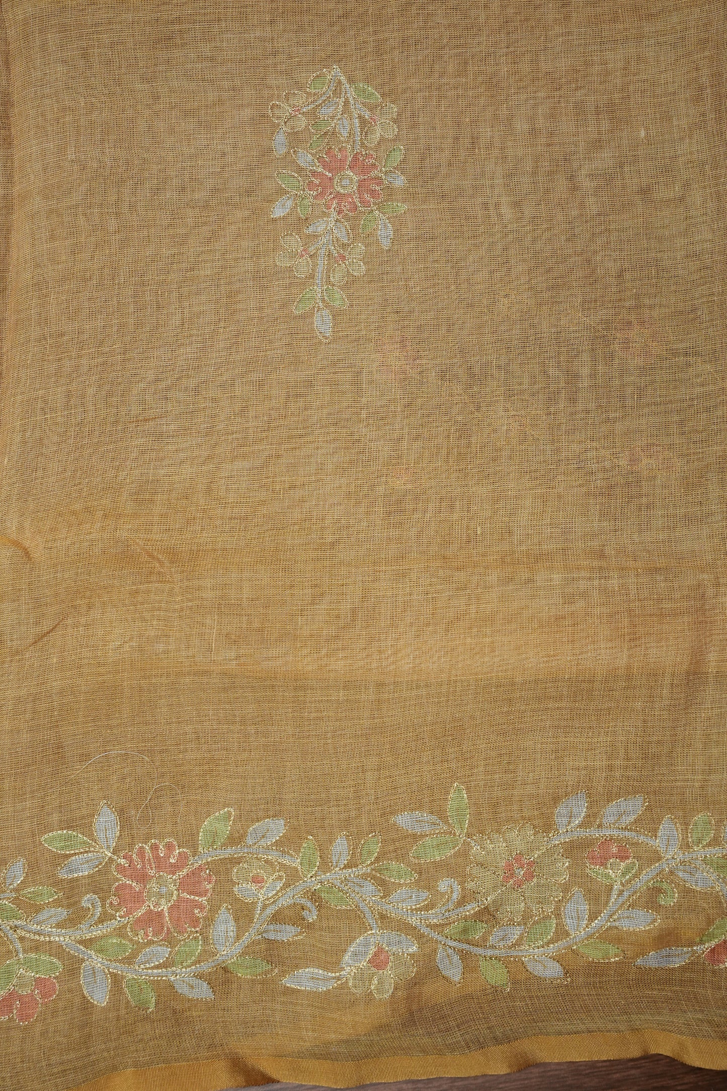 Embroidered Jute Linen Saree - Honey Beige