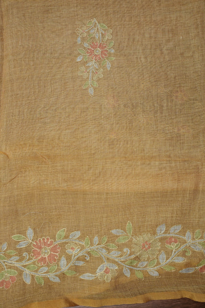 Embroidered Jute Linen Saree - Honey Beige