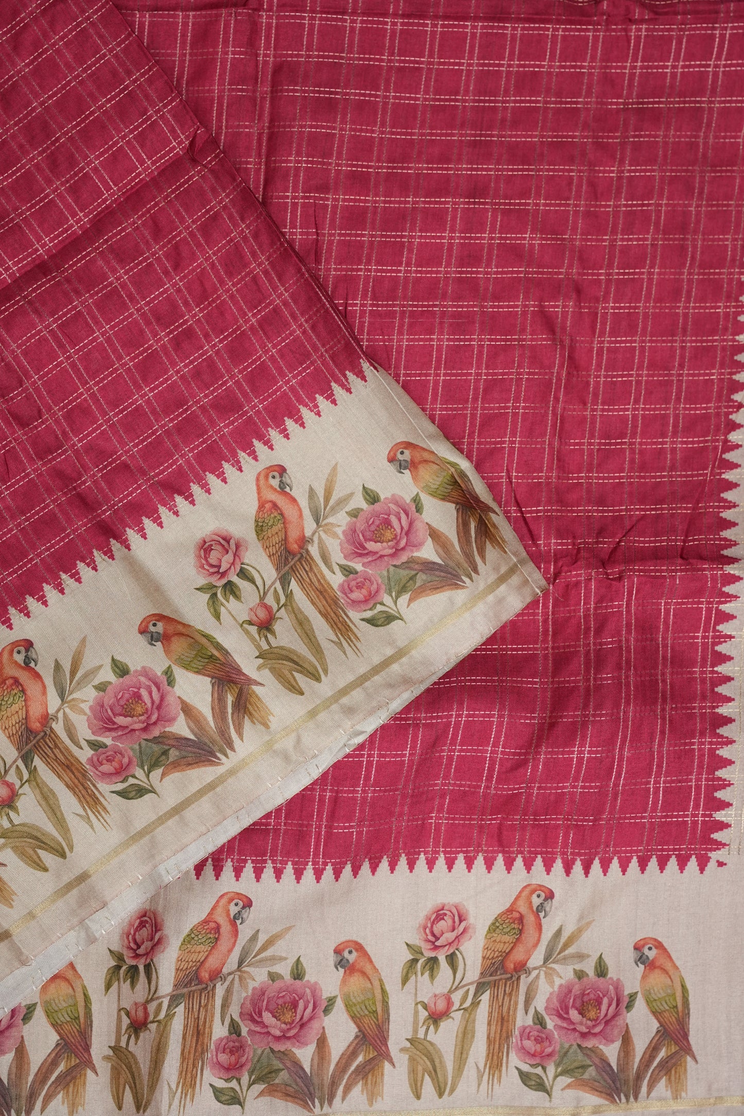 Rose Pink Semi Raw Silk Saree with Ivory Digital Printed Floral & Parrot Border