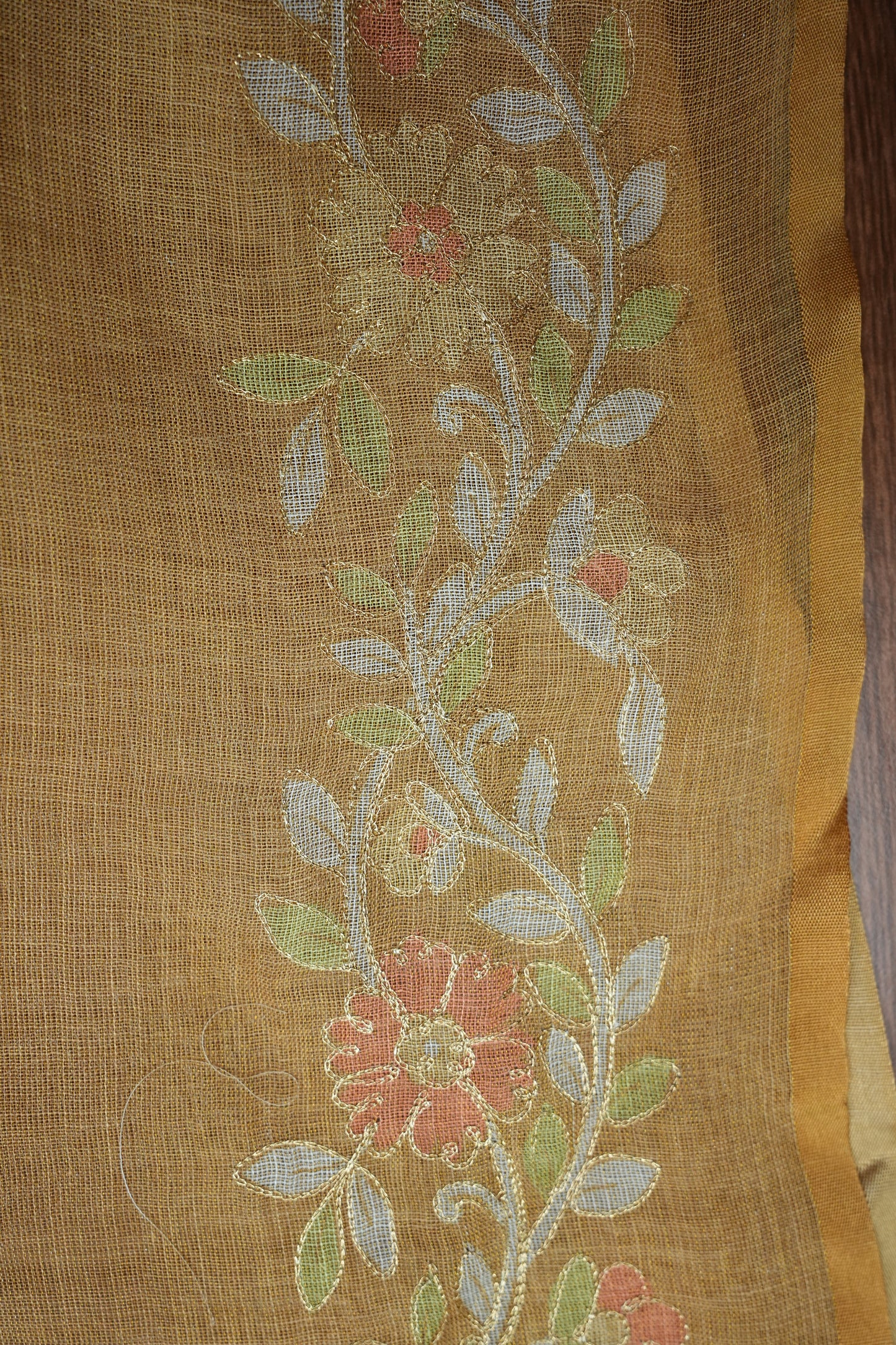 Embroidered Jute Linen Saree - Honey Beige