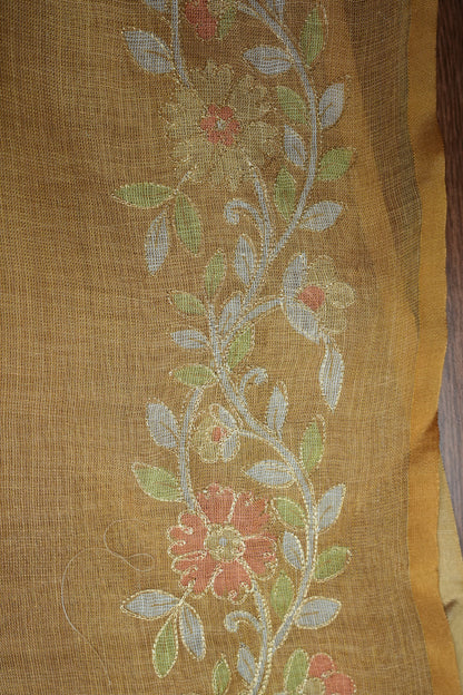Embroidered Jute Linen Saree - Honey Beige