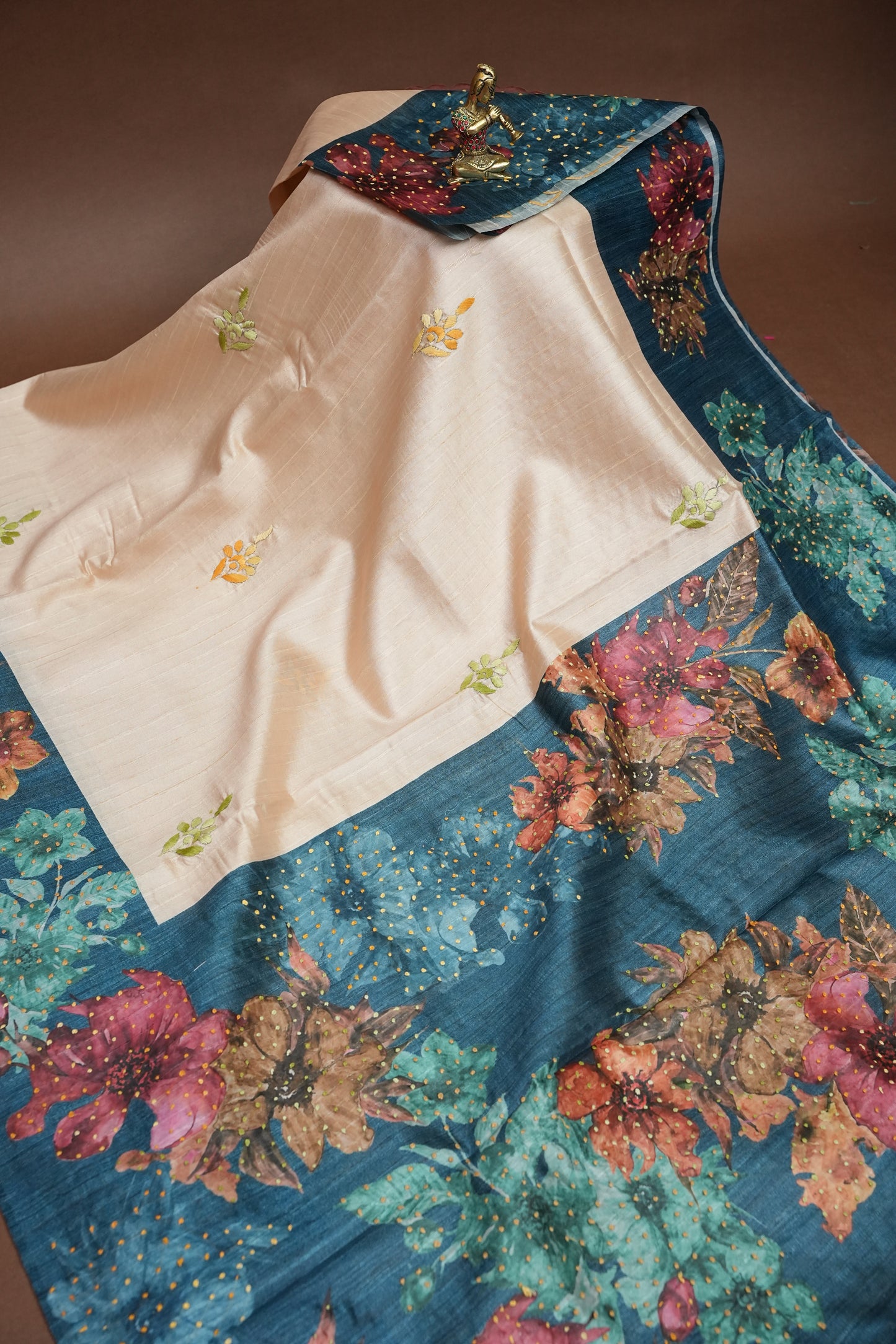 Ivory Semi Raw Silk Saree with Teal Blue Digital Floral Border