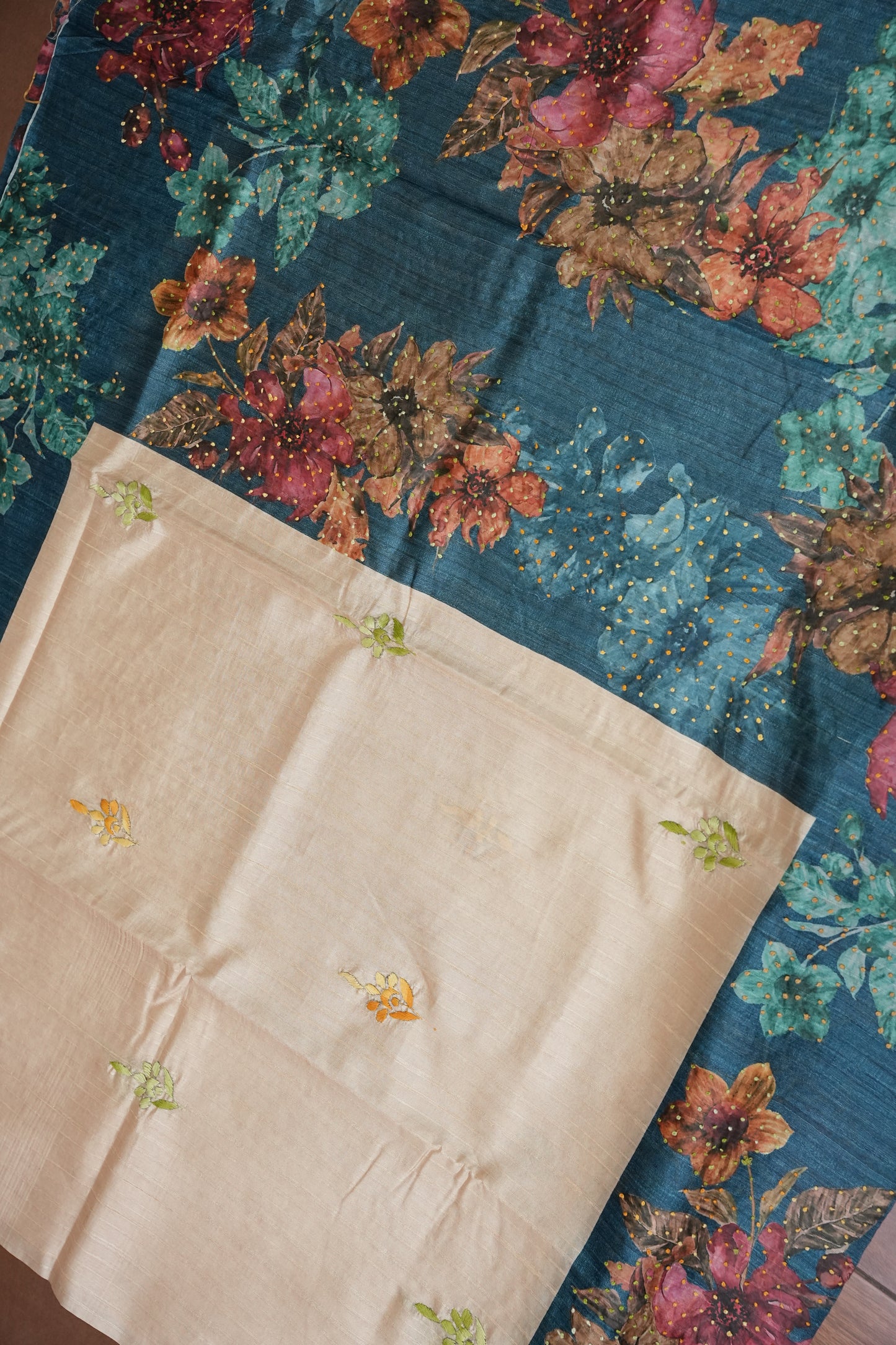 Ivory Semi Raw Silk Saree with Teal Blue Digital Floral Border