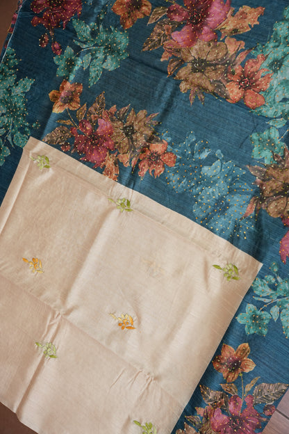 Ivory Semi Raw Silk Saree with Teal Blue Digital Floral Border