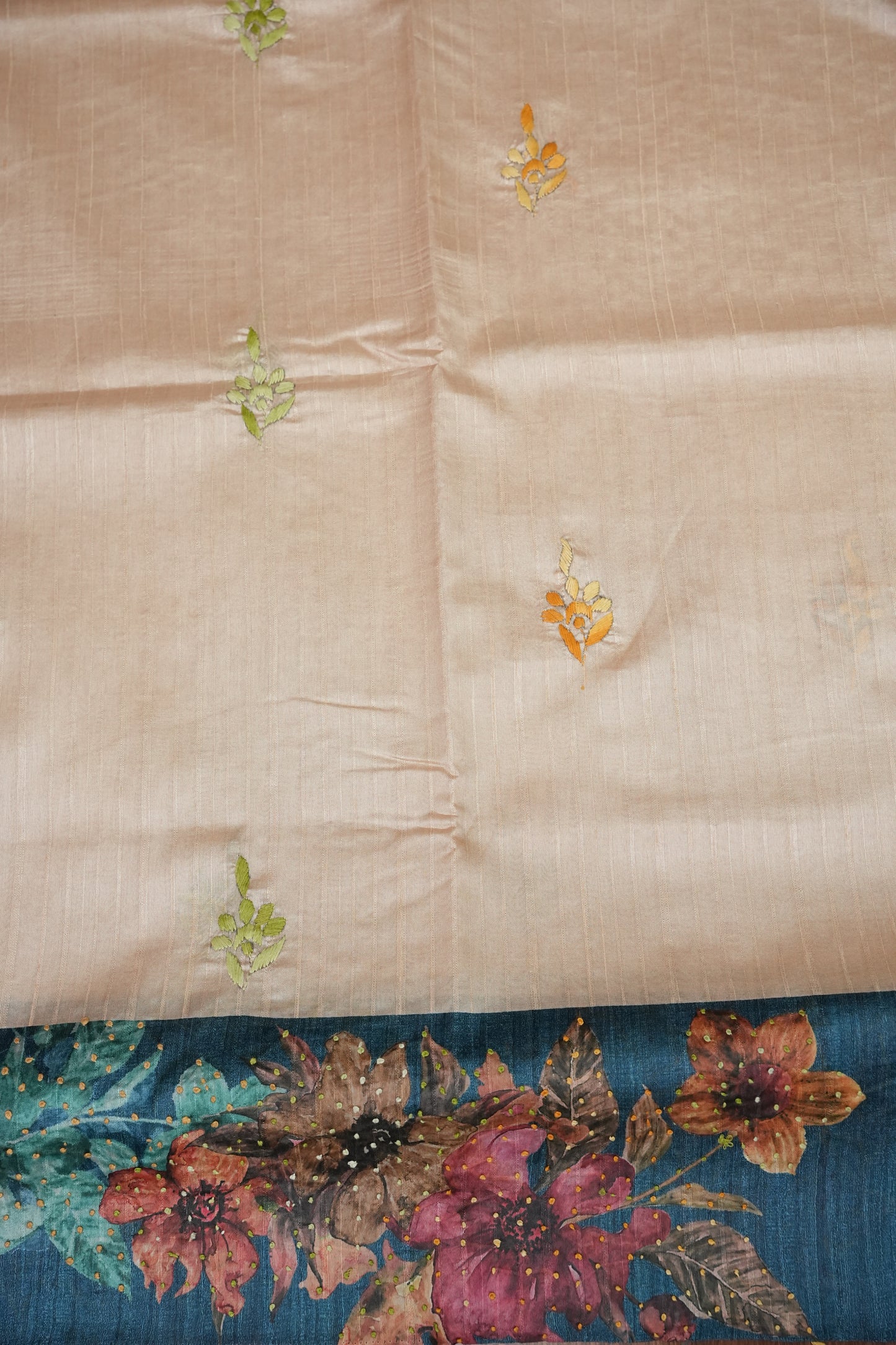 Ivory Semi Raw Silk Saree with Teal Blue Digital Floral Border