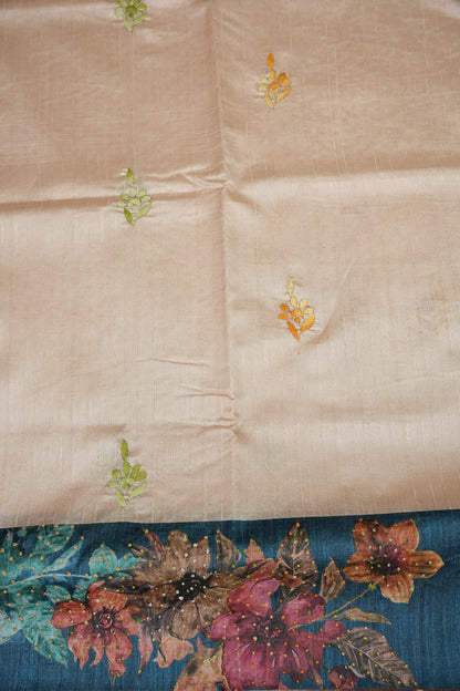 Ivory Semi Raw Silk Saree with Teal Blue Digital Floral Border