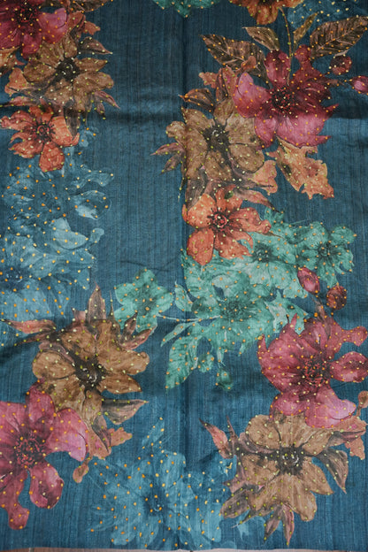 Ivory Semi Raw Silk Saree with Teal Blue Digital Floral Border